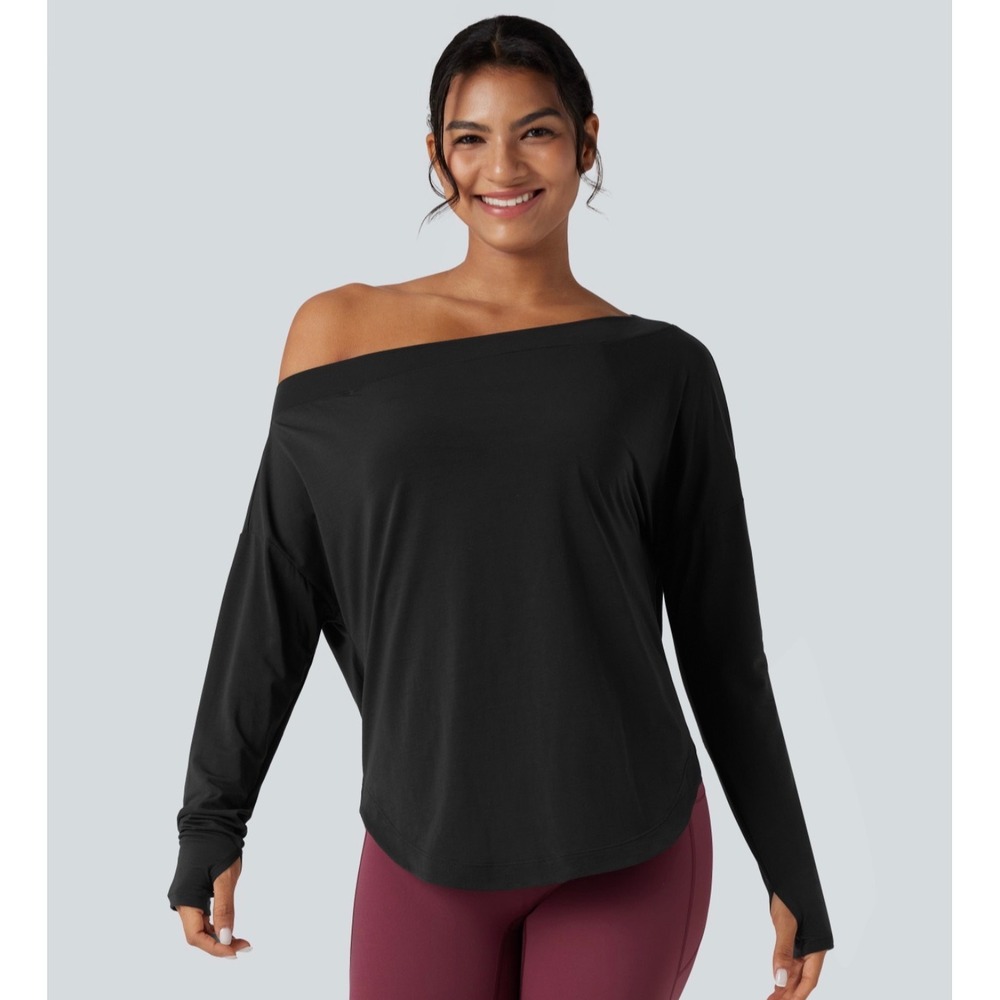 Halara XS Black One Shoulder Long Sleeve Yoga Top Built-in Bra Thumb Hole